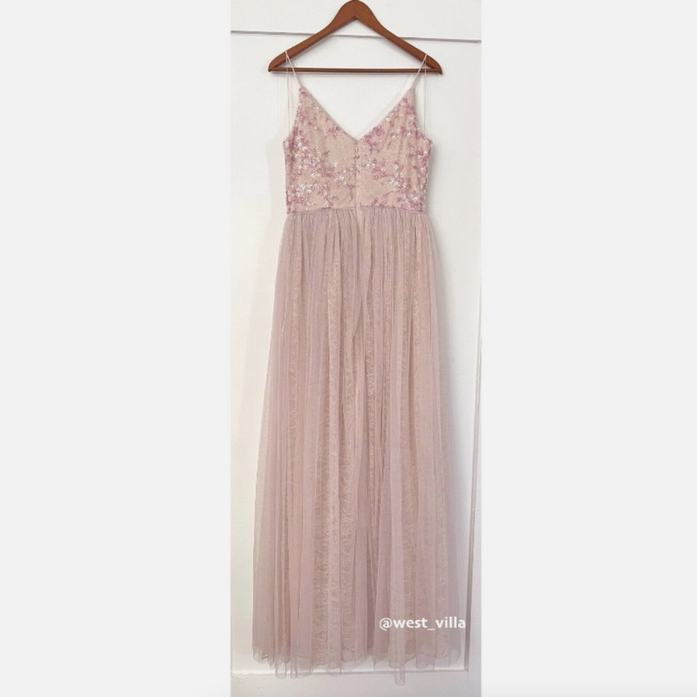 CLUNY DRESS Adrianna Papell Anthropologie Pink Sequined Embroidered Tulle - Picture 8 of 12